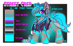 Size: 4280x2736 | Tagged: safe, artist:ruef, imported from derpibooru, oc, oc only, oc:street cred, earth pony, pony, baseball bat, bodypaint, clothes, hat, headphones, hoodie, neon, reference sheet, solo, spray paint