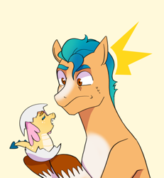 Size: 1750x1892 | Tagged: safe, artist:aztrial, imported from derpibooru, hitch trailblazer, dragon, earth pony, pony, spoiler:my little pony: a new generation, duo, egg, emanata, g5, hatching, hatchling, hilarious in hindsight, male, my little pony: a new generation, simple background, sweat, sweatdrops