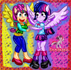 Size: 4320x4290 | Tagged: safe, artist:kamikiku, imported from derpibooru, sunny starscout, twilight sparkle, alicorn, equestria girls, spoiler:my little pony: a new generation, alicornified, artificial wings, augmented, duo, duo female, equestria girls-ified, female, g5, g5 to equestria girls, holding hands, magic, magic wings, my little pony: a new generation, open mouth, open smile, ponied up, race swap, smiling, sunny and her heroine, sunnycorn, twilight sparkle (alicorn), wings