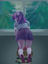 Size: 1200x1600 | Tagged: safe, artist:richesbabycheesecake, imported from derpibooru, twilight sparkle, equestria girls, book, eared humanization, female, horn, horned humanization, kneeling, looking back, pile of books, solo