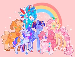 Size: 2048x1552 | Tagged: safe, artist:swirlseypop, imported from derpibooru, applejack, fluttershy, pinkie pie, rainbow dash, rarity, twilight sparkle, alicorn, earth pony, pegasus, pony, unicorn, beanbrows, blushing, bow, chest fluff, colored ears, colored hooves, colored wings, colored wingtips, curved horn, ear piercing, earring, eyebrows, floppy ears, flower, flower in hair, food, glasses, grin, horn, jewelry, leonine tail, lidded eyes, looking at you, mane six, piercing, plant, ponytail, rainbow, raspberry, redesign, scrunchie, smiling, sparkles, spread wings, sprinkles, sprout, tail, tail bow, tongue out, twilight sparkle (alicorn), unshorn fetlocks, wavy mouth, wings