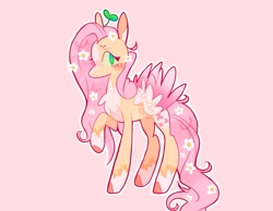 Size: 1024x793 | Tagged: safe, artist:swirlseypop, imported from derpibooru, fluttershy, pegasus, pony, blaze (coat marking), blushing, chest fluff, coat markings, colored hooves, colored wings, colored wingtips, facial markings, female, flower, flower in hair, flower in tail, looking at you, mare, plant, shy, socks (coat markings), solo, sprout, tail, wings