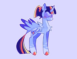 Size: 1024x793 | Tagged: safe, artist:swirlseypop, imported from derpibooru, twilight sparkle, alicorn, pony, blushing, chest fluff, coat markings, colored hooves, colored wings, colored wingtips, curved horn, glasses, horn, leonine tail, looking at you, ponytail, redesign, scrunchie, smiling, socks (coat markings), solo, tail, twilight sparkle (alicorn), wavy mouth, wings