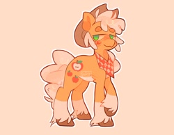 Size: 1024x793 | Tagged: safe, alternate version, artist:swirlseypop, imported from derpibooru, applejack, earth pony, pony, alternate cutie mark, bandana, beanbrows, coat markings, cowboy hat, eyebrows, freckles, hat, lidded eyes, looking at you, redesign, smiling, socks (coat markings), solo, stetson, unshorn fetlocks