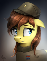 Size: 1300x1681 | Tagged: safe, artist:magfen, imported from derpibooru, oc, oc only, oc:clover springs, pegasus, pony, bust, clothes, female, galactic empire, nervous, officer, solo, star wars, uniform, wingless