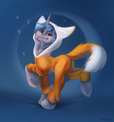 Size: 2718x2897 | Tagged: safe, artist:mithriss, imported from derpibooru, oc, oc only, pony, unicorn, :p, fox tail, high res, onesie, smug, solo, sparkles, tail, tongue out