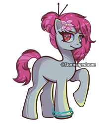 Size: 1700x1900 | Tagged: safe, artist:stormagedoom, imported from derpibooru, oc, oc only, oc:shareen, earth pony, pony, female, flower, flower in hair, heterochromia, raised hoof, simple background, solo, transparent background, watermark