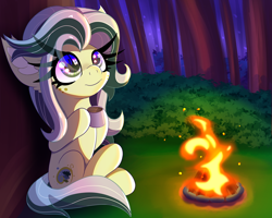 Size: 2500x2000 | Tagged: safe, artist:windykirin, imported from derpibooru, oc, oc only, oc:misty breeze, earth pony, pony, campfire, female, fire, forest, high res, long eyelashes, solo, tree