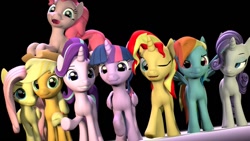 Size: 1228x691 | Tagged: safe, artist:speckyspark, imported from derpibooru, applejack, fluttershy, pinkie pie, rainbow dash, rarity, starlight glimmer, sunset shimmer, twilight sparkle, alicorn, earth pony, pegasus, pony, unicorn, equestria girls, 3d, alternate mane seven, black background, female, grin, mane six, mare, one eye closed, open mouth, open smile, simple background, smiling, source filmmaker, twilight sparkle (alicorn), wink