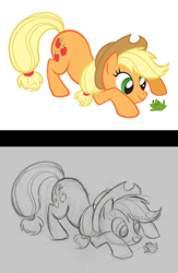 Size: 540x830 | Tagged: safe, artist:lauren faust, imported from derpibooru, applejack, earth pony, frog, pony, concept art, cowboy hat, female, frog inspector applejack, gray background, hat, mare, pencil drawing, simple background, solo, traditional art, white background