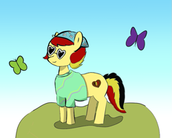 Size: 745x600 | Tagged: safe, artist:sannyday, imported from derpibooru, oc, oc only, oc:chocolate sweets, butterfly, earth pony, pony, bandana, blue sky, clothes, cutie mark, glasses, heart shaped glasses, multicolored tail, shirt, simple background, solo, standing, sunglasses, tail, yellow coat
