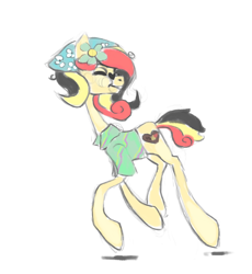 Size: 3500x3800 | Tagged: safe, artist:s0fty_1cy, imported from derpibooru, oc, oc only, oc:chocolate sweets, earth pony, pony, bandana, clothes, cutie mark, eyes closed, female, flower, flower in hair, glasses, happy, heart shaped glasses, high res, mare, multicolored hair, multicolored mane, multicolored tail, shirt, simple background, solo, sunglasses, tail, walking, yellow coat