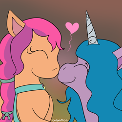 Size: 1080x1080 | Tagged: safe, artist:artyanimated, imported from derpibooru, izzy moonbow, sunny starscout, pony, spoiler:my little pony: a new generation, boop, cute, duo, female, g5, heart, izzyscout, lesbian, my little pony: a new generation, noseboop, shipping