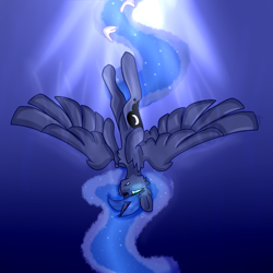 Size: 2000x2000 | Tagged: safe, artist:sherlockett, imported from derpibooru, princess luna, alicorn, pony, asphyxiation, blue background, blue eyes, blue mane, blue tail, bubble, chest fluff, crepuscular rays, drowning, ethereal mane, feather, female, flowing mane, flowing tail, high res, horn, mare, ocean, sad, simple background, solo, spread wings, starry mane, starry tail, sunlight, tail, underwater, water, wings