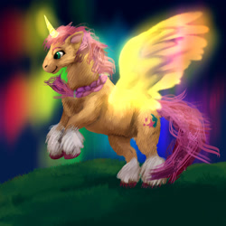 Size: 900x900 | Tagged: safe, artist:angsttronaut, imported from derpibooru, sunny starscout, alicorn, pony, spoiler:my little pony: a new generation, alicornified, female, g5, glowing, glowing horn, glowing wings, horn, my little pony: a new generation, race swap, solo, sunnycorn, wings