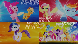 Size: 1280x720 | Tagged: safe, edit, edited screencap, editor:quoterific, imported from derpibooru, screencap, applejack, fluttershy, pinkie pie, rainbow dash, rarity, twilight sparkle, alicorn, earth pony, pegasus, pony, unicorn, spoiler:g5, spoiler:my little pony: a new generation, 3d, applejack's hat, cowboy hat, eyes closed, female, flying, g5, hat, mane six, mare, my little pony: a new generation, open mouth, smiling, spread wings, twilight sparkle (alicorn), wings