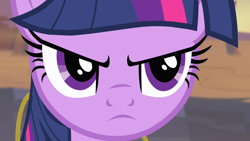 Size: 1280x720 | Tagged: safe, imported from derpibooru, screencap, twilight sparkle, alicorn, pony, season 4, three's a crowd, angry, close-up, cute, cute when angry, dat face, discord's pendant, female, jewelry, mare, narrowed eyes, necklace, serious, serious face, twiabetes, twilight sparkle (alicorn), twilight sparkle is best facemaker, twilight sparkle is not amused, unamused