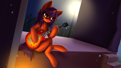 Size: 1920x1080 | Tagged: safe, artist:blooming-lynx, imported from derpibooru, oc, oc only, pony, unicorn, female, guitar, hoof hold, les paul, musical instrument, rock (music), solo, stage, sunglasses