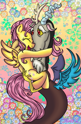 Size: 1177x1784 | Tagged: safe, artist:itiffanyblue, imported from derpibooru, discord, fluttershy, draconequus, pegasus, pony, abstract background, duo, eyes closed, female, flower, friendship, hug, hugging a pony, male, signature