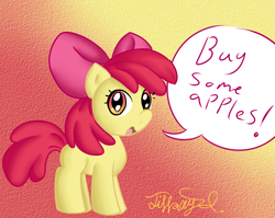 Size: 1377x1096 | Tagged: safe, artist:itiffanyblue, imported from derpibooru, apple bloom, earth pony, pony, buy some apples, female, filly, gradient background, solo, speech bubble