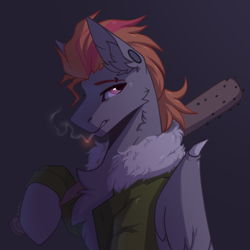 Size: 4724x4724 | Tagged: safe, artist:dorkmark, imported from derpibooru, oc, oc only, pegasus, pony, absurd resolution, baseball bat, cigarette, clothes, fur, jacket, smoking, solo