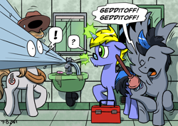 Size: 2192x1550 | Tagged: safe, artist:pony-berserker, imported from derpibooru, oc, oc:final drive, oc:longhaul, oc:slipstream, earth pony, pegasus, pony, unicorn, bathroom, faucet, mirror, plumbing, plunger, speech bubble, toolbox, water