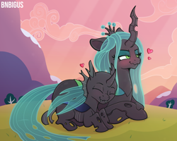 Size: 2000x1600 | Tagged: safe, artist:bnbigus, imported from derpibooru, queen chrysalis, changeling, changeling queen, blushing, cuddling, cute, cutealis, cuteling, female, floating heart, heart, hill, hug, lying down, mommy chrissy, prone, scrunchy face, snuggling, sunset, tsundere