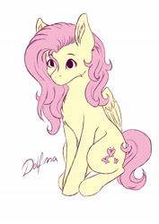 Size: 2480x3508 | Tagged: safe, artist:delfinaluther, imported from derpibooru, fluttershy, pegasus, pony, chest fluff, ear fluff, female, folded wings, high res, simple background, sitting, solo, stray strand, three quarter view, white background, wings