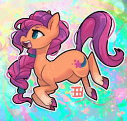 Size: 635x608 | Tagged: safe, artist:griffsnuff, imported from derpibooru, sunny starscout, earth pony, pony, spoiler:my little pony: a new generation, abstract background, braid, coat markings, female, g5, mare, my little pony: a new generation, open mouth, profile, signature, smiling, socks (coat markings), solo, unshorn fetlocks, white outline