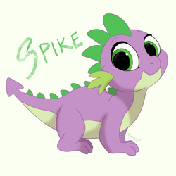 Size: 2000x2000 | Tagged: safe, artist:tayarinne, imported from derpibooru, spike, dragon, cute, cute little fangs, fangs, high res, looking at you, male, quadrupedal, simple background, smiling, solo, spikabetes, white background