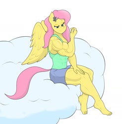 Size: 1716x1747 | Tagged: safe, artist:matchstickman, imported from derpibooru, fluttershy, anthro, pegasus, plantigrade anthro, abs, barefoot, cloud, feet, female, flexing, muscles, muscleshy, muscular female, on a cloud, sitting, sitting on a cloud