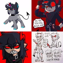 Size: 1536x1534 | Tagged: safe, artist:devour, imported from derpibooru, oc, oc:devour, demon, pony, bandana, clothes, goggles, horns, jacket, knife, pants, piercing, reference sheet, sharp teeth, teeth
