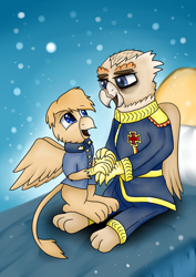 Size: 2480x3507 | Tagged: safe, artist:truffle shine, imported from derpibooru, oc, oc only, oc:grover v, oc:grover vi, griffon, equestria at war mod, chickub, high res, iron cross, snow, snowfall, solo