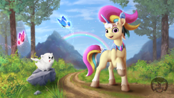 Size: 1536x864 | Tagged: safe, artist:calena, imported from derpibooru, oc, oc only, oc:trinity deblanc (new), butterfly, dog, pomeranian, unicorn, spoiler:my little pony: a new generation, cloud, crystal, cute, detailed, digital art, ear piercing, earring, flying pomeranian, g5, grass, jewelry, looking at you, mountain, multicolored hair, my little pony: a new generation, ocbetes, open mouth, open smile, painting, piercing, rainbow, raised hoof, road, rock, sky, smiling, smiling at you, stone, style emulation, tree, unshorn fetlocks, winged dog