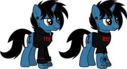 Size: 2268x1242 | Tagged: safe, artist:lightningbolt, derpibooru exclusive, imported from derpibooru, pony, unicorn, .svg available, clothes, ear piercing, frank iero, gauges, hoodie, horn, horn piercing, lip piercing, male, my chemical romance, nose piercing, piercing, ponified, shirt, show accurate, simple background, solo, stallion, standing, svg, t-shirt, tattoo, transparent background, vector