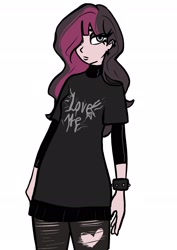 Size: 1446x2039 | Tagged: safe, artist:tacoman dusct, imported from derpibooru, oc, oc only, oc:radia heart, equestria girls, black clothes, clothes, dress, ear piercing, emo, female, hair over one eye, jewelry, piercing, socks, solo