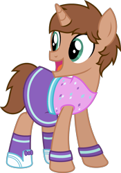 Size: 1782x2553 | Tagged: safe, artist:peternators, imported from derpibooru, oc, oc:heroic armour, pony, unicorn, clothes, colt, crossdressing, dress, male, shirt, shoes, simple background, skirt, smiling, socks, solo, sweatband, teenager, transparent background