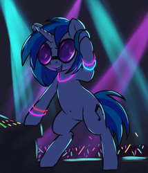 Size: 2400x2800 | Tagged: safe, artist:t72b, imported from derpibooru, dj pon-3, vinyl scratch, pony, unicorn, belly button, bipedal, bipedal leaning, biting, dark, female, glowstick, headphones, high res, leaning, mare, rave, solo, stage, sunglasses, tongue bite, tongue out