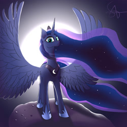 Size: 2000x2000 | Tagged: safe, artist:twobestfriendsstudio, imported from derpibooru, princess luna, alicorn, pony, female, full moon, high res, moon, solo, spread wings, wings