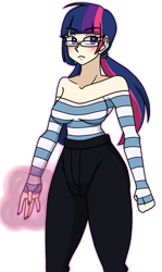 Size: 966x1619 | Tagged: safe, artist:_mssj9, derpibooru exclusive, imported from derpibooru, twilight sparkle, human, blushing, breasts, clothes, glasses, humanized, looking away, magic, off shoulder, pattern, pigtails, shirt, simple background, solo, striped shirt, transparent background, twintails