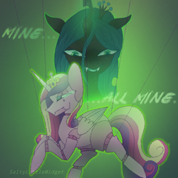 Size: 768x768 | Tagged: safe, artist:saltytangerine, imported from derpibooru, princess cadance, queen chrysalis, alicorn, changeling, changeling queen, pony, duo, fake cadance, female, glowing, glowing horn, horn, magic, marionette, puppet, puppet strings, this day aria