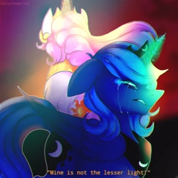 Size: 1250x1250 | Tagged: safe, artist:saltytangerine, imported from derpibooru, princess celestia, princess luna, alicorn, pony, the moon rises, duo, female, glowing, glowing horn, horn, jealous, nightmare luna, royal sisters, siblings, sisters