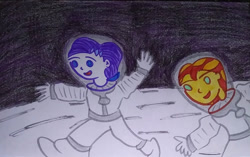 Size: 1280x804 | Tagged: safe, artist:dex stewart, imported from derpibooru, rarity, sunset shimmer, equestria girls, astronaut, moon, space, space helmet, spacesuit, traditional art