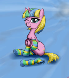 Size: 3200x3600 | Tagged: safe, artist:littlenaughtypony, imported from derpibooru, oc, oc only, oc:constant time, unicorn, clothes, fetish, frog (hoof), high res, hoof fetish, looking at you, smiling, socks, striped socks, underhoof, whiskers