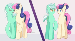 Size: 1024x569 | Tagged: safe, artist:seshirukun, imported from derpibooru, bon bon, lyra heartstrings, sweetie drops, earth pony, pony, unicorn, 2019, duality, eyes closed, female, lesbian, lyrabon, older, older bon bon, older lyra heartstrings, open mouth, open smile, raised hoof, shipping, smiling