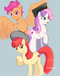 Size: 1024x1287 | Tagged: safe, artist:seshirukun, imported from derpibooru, apple bloom, scootaloo, sweetie belle, earth pony, pegasus, pony, unicorn, growing up is hard to do, beret, female, graduation cap, hat, older, older apple bloom, older scootaloo, older sweetie belle, simple background, spread wings, trio, wings