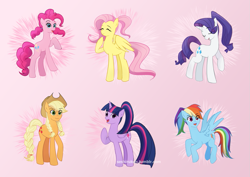 Size: 1055x747 | Tagged: safe, artist:seshirukun, imported from derpibooru, applejack, fluttershy, pinkie pie, rainbow dash, rarity, twilight sparkle, alicorn, earth pony, pegasus, pony, unicorn, alternate hairstyle, female, gradient background, ponytail, twilight sparkle (alicorn)