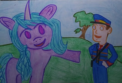 Size: 1280x864 | Tagged: safe, artist:dex stewart, imported from derpibooru, izzy moonbow, human, pony, unicorn, g5, mr. conductor, thomas and friends, thomas and the magic railroad, thomas the tank engine, traditional art