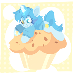 Size: 1500x1500 | Tagged: safe, artist:tsarstvo, imported from derpibooru, oc, oc only, oc:otakulight, pony, unicorn, abstract background, clothes, cupcake, food, headphones, heterochromia, hoodie, male, micro, muffin, ponies in food, solo, stallion, sweater