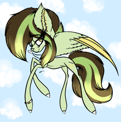 Size: 1377x1393 | Tagged: safe, artist:beamybutt, imported from derpibooru, oc, oc only, pegasus, pony, bedroom eyes, cloud, colored hooves, colored wings, ear fluff, eyelashes, female, flying, jewelry, mare, necklace, pegasus oc, solo, two toned wings, wings